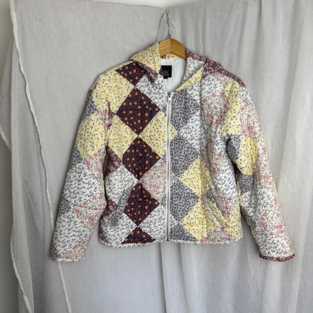 Wild Fable Patchwork Puffer Jacket Womens S Multi Color Floral Hooded Quilted